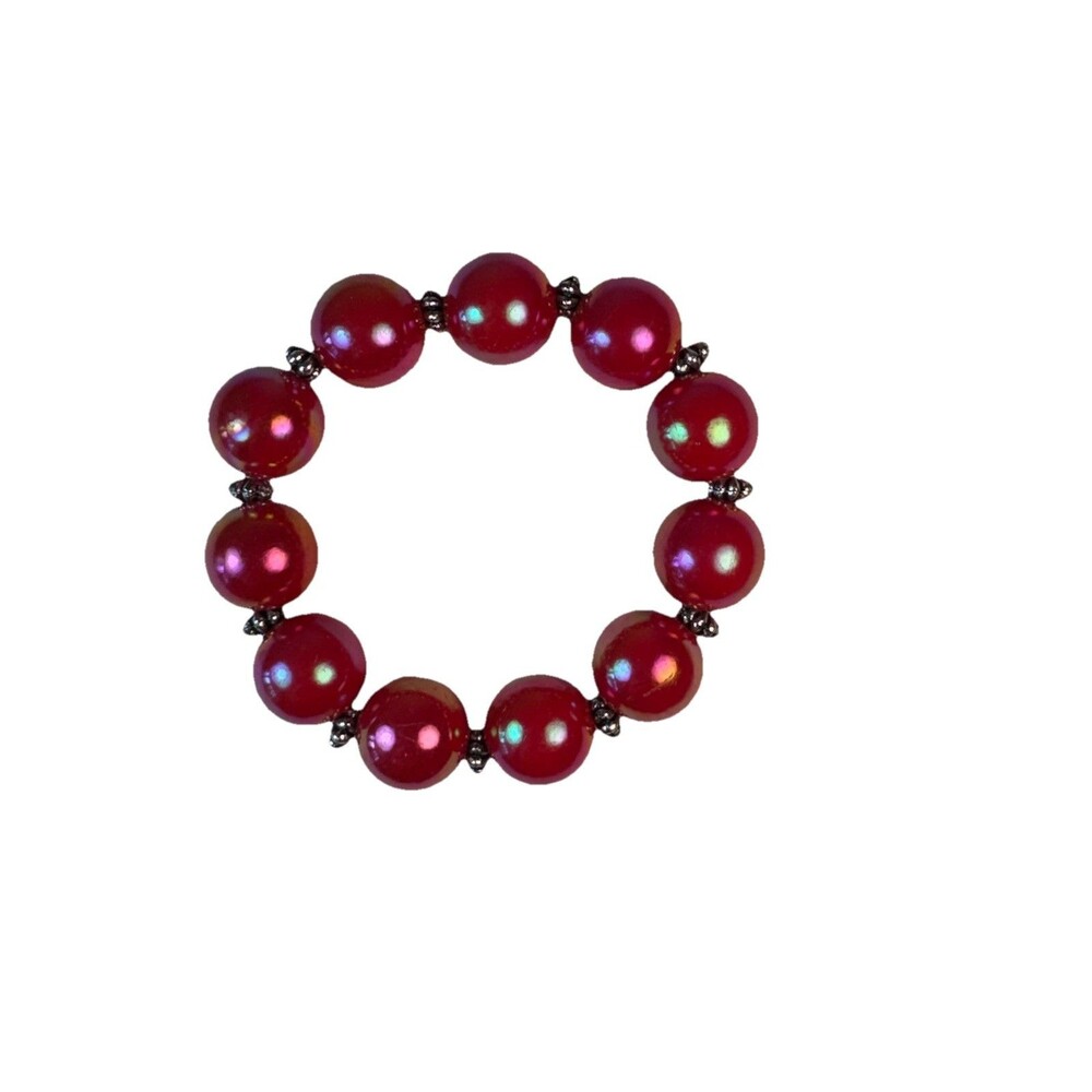 Vintage Chunky Iridescent Red Beaded Stretch Bracelet Silver Tone Spacer Boho